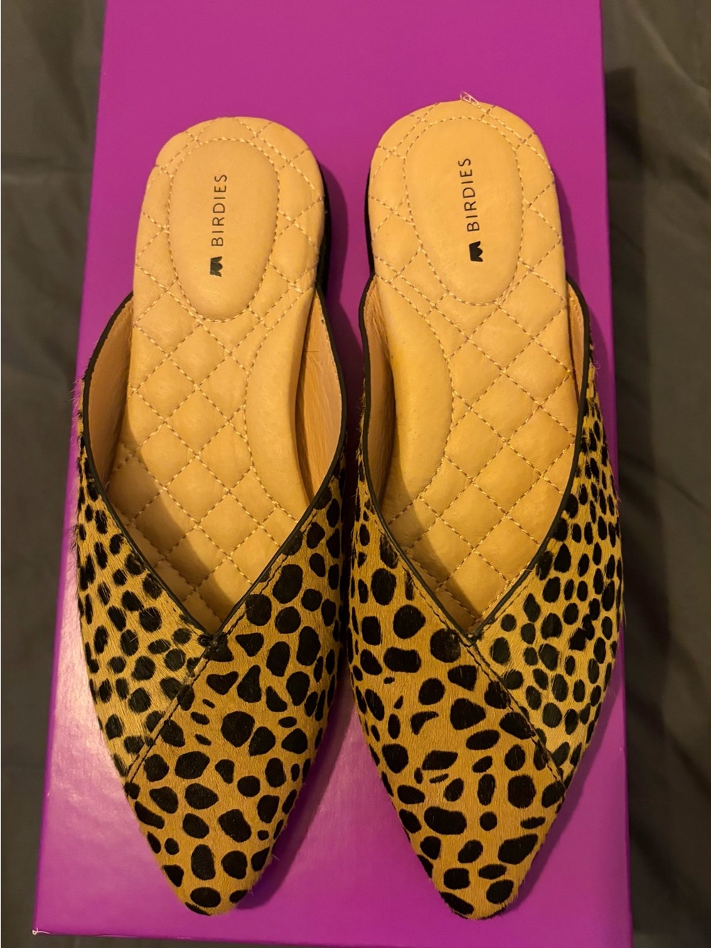 Birdies Leopard-Print Pointed Mules in Tan and Black